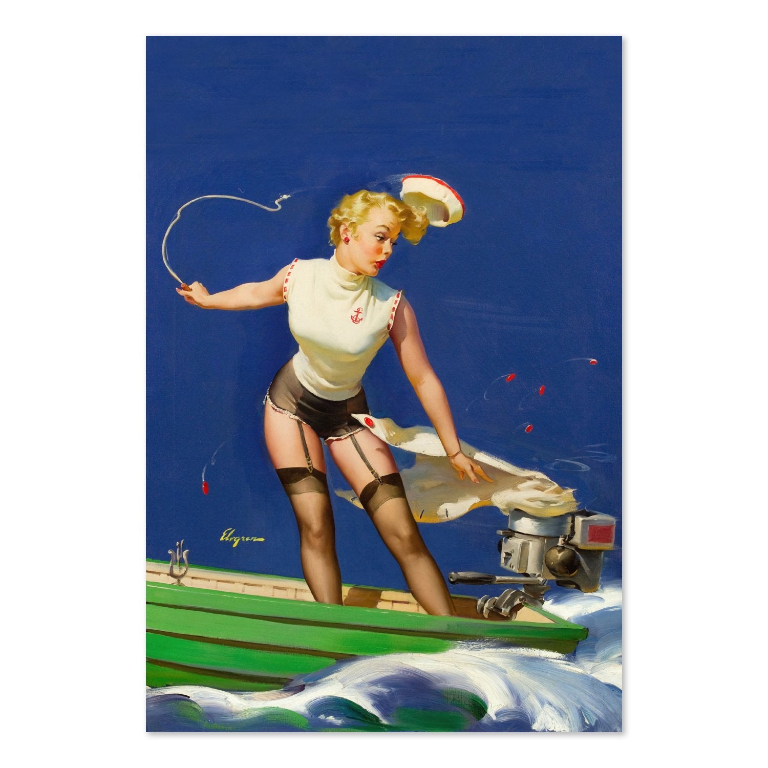 A Fast Takeoff by Gil Elvgren, pin-up poster — framed print